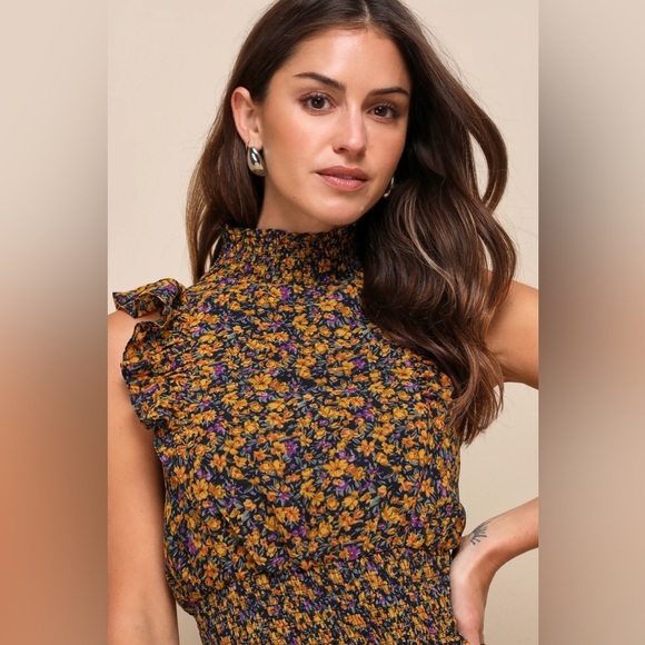 Lulus Mustard Floral Mock Neck Midi Dress 🌼 - Picture 5 of 12